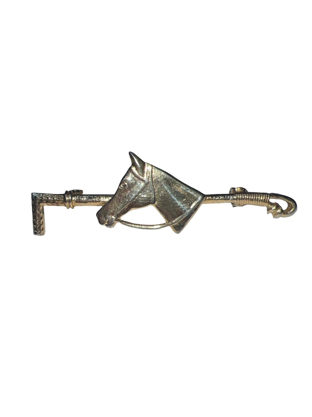 Equestrian Horse Head English Riding Crop Brooch Pin Gold Tone